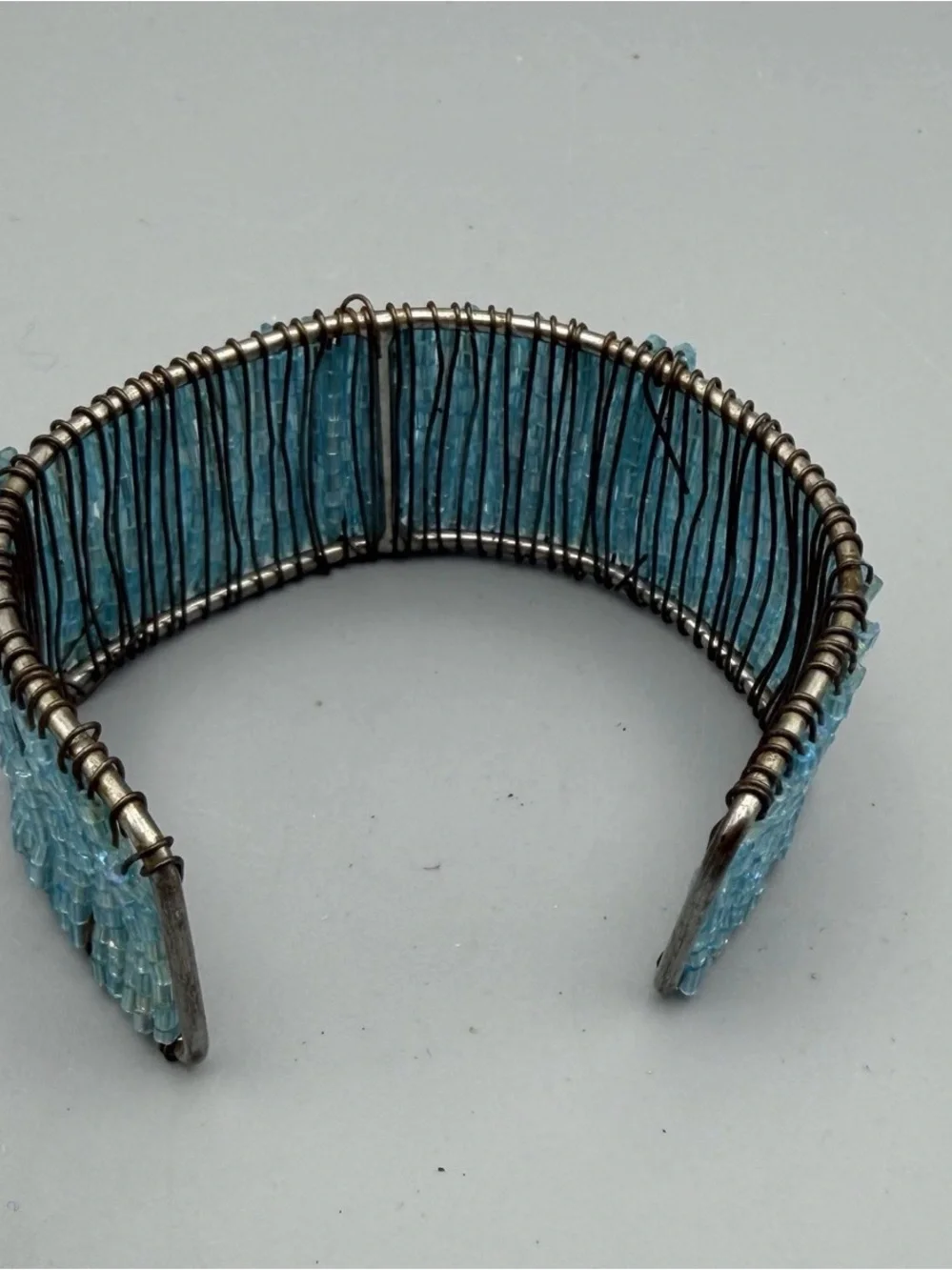 Handmade Turquoise Beaded Cuff Bracelet Wire Wrapped 6.75” x 1”